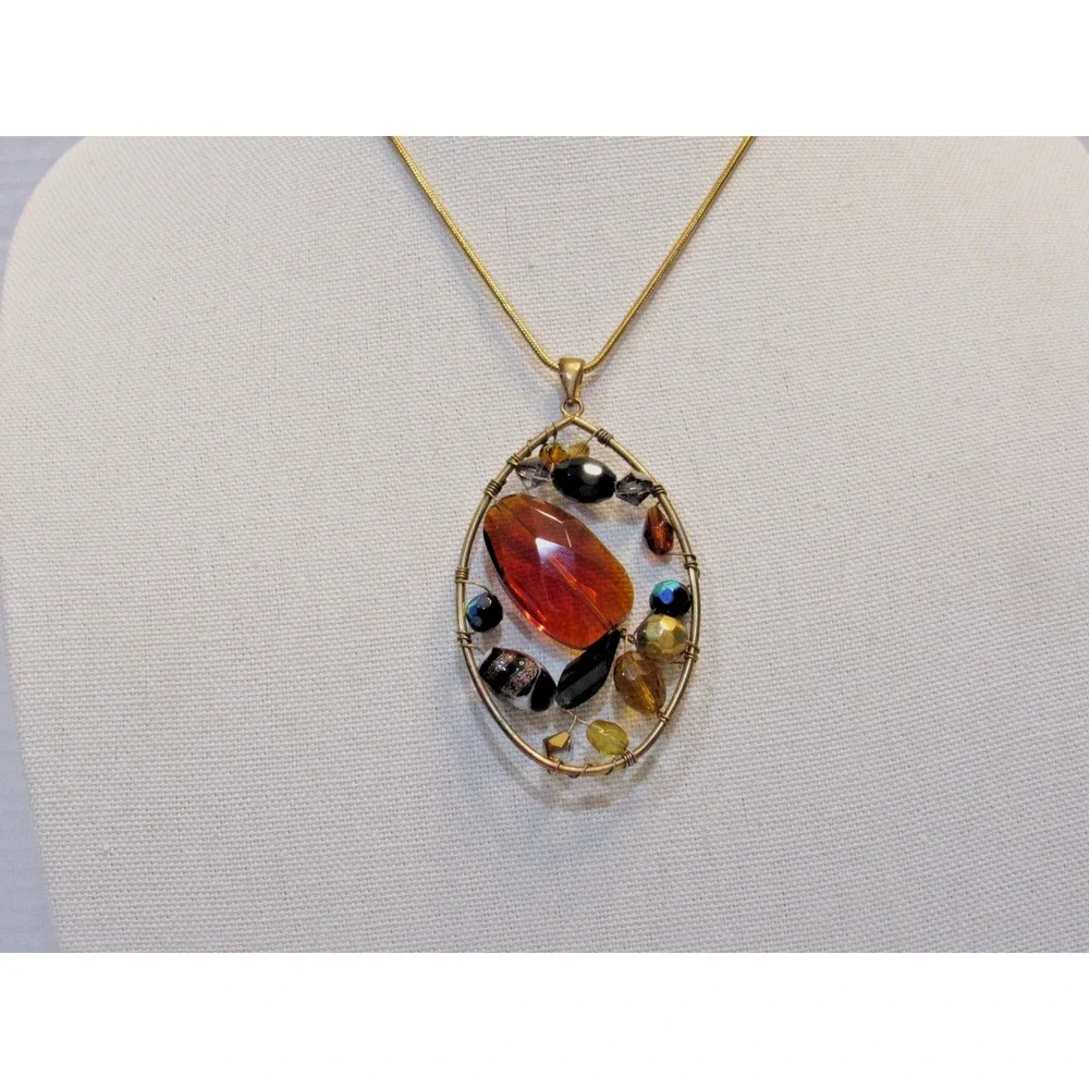 Gold Tone Snake Chain Necklace Amber Multi Bead Wire Wrapped Oval Pendant